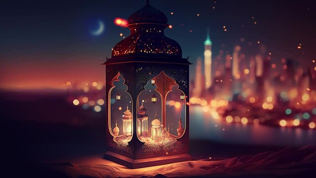 Ramadan Lantern At Night Overlooking A City