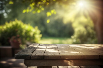 Empty wooden table for product display with blurred garden background. Ai generative