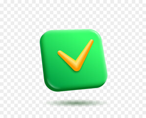 Accept tick check mark vector 3d render button. Green gradient app icon on transparent background Rounded rectangle shape for web and mobile applications. Confirmation approval success graphic symbol