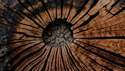  a close up view of a wooden structure with a circular hole in the center of it's woodgrain, with a black background.  generative ai