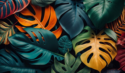Multicolored tropical leaves background. Ai generative