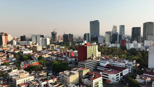 Beautiful aerial view of the capital of Mexico city at sunset.