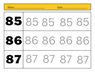 The practice of writing numbers 85, 86, 87. Tracking worksheet count and write