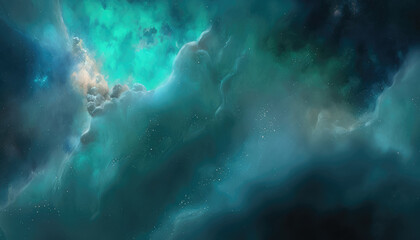 Fototapeta na wymiar Abstract modern space green blue background. Nebula, dramatic sky, atmosphere. Abstract scientific backdrop. Generative ai illustration