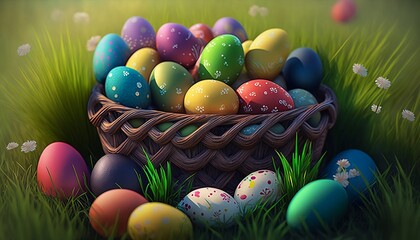 Fototapeta na wymiar Basket overflowing with cheerful Easter eggs, Generative AI
