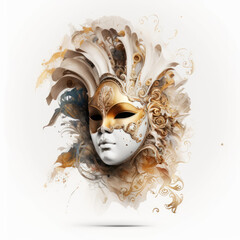 Venetian carnival mask. Sun, gold mask. Masquerade mask on white background, soft blur. Generative ai illustration in watercolor style