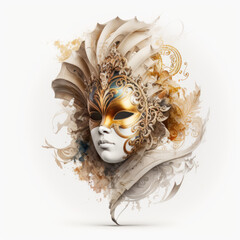 Venetian carnival mask. Sun mask, Masquerade mask on white background. Generative ai drawing in watercolor style	
