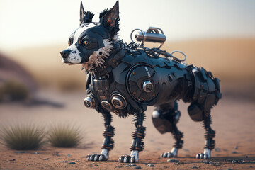 Cyborg dog standing on watch. A hybrid of a domestic dog and a robot. Generative ai