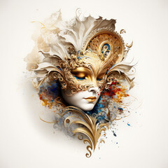 Venetian carnival mask. Golden Sun mask, Masquerade mask on white background. Generative ai drawing in watercolor style