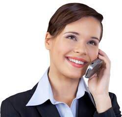 Close-up portrait of young businesswoman using mobile isolated on white background