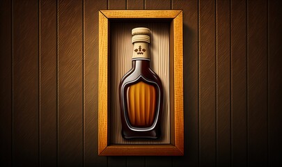  a bottle of liquor in a wooden frame on a wall.  generative ai