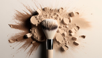 Make-up brush with colorful powder dust explosion. Generative ai