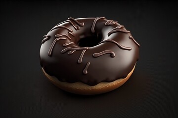  a chocolate donut with chocolate glaze on a black background.  generative ai