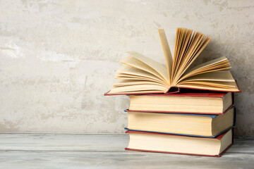 Vintage old hardback books. Education background. Back to school. Copy Space.