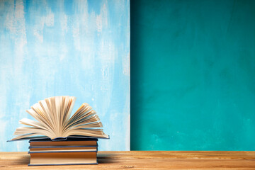 Vintage old hardback books. Education background. Back to school. Copy Space.