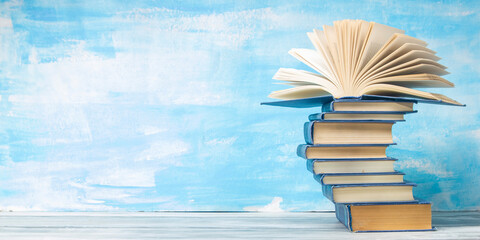 Vintage old hardback books. Education background. Back to school. Copy Space.