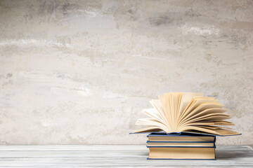 Vintage old hardback books. Education background. Back to school. Copy Space.