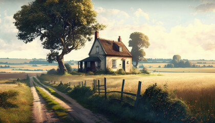 small house in the middle of nature, fields meadows and forests, nature picture