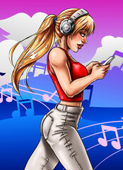 Cell Phone Girl with beautiful Music-Background Illustration - 574011598