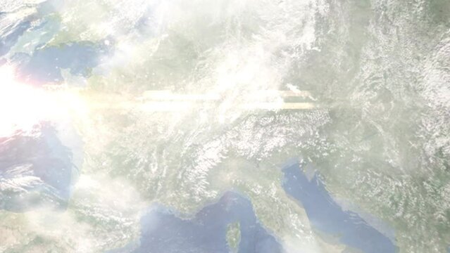 Earth zoom in from outer space to city. Zooming on Horgen, Switzerland. The animation continues by zoom out through clouds and atmosphere into space. Images from NASA