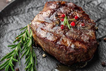 Grilled beef tenderloin steak. Restaurant menu, dieting, cookbook recipe top view