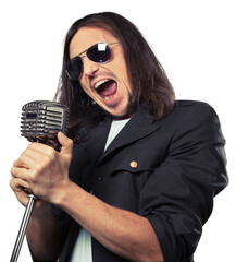Rock singer man singing into microphone