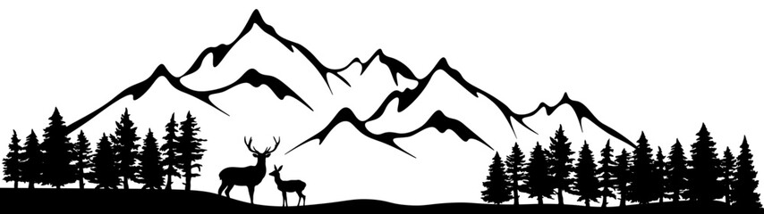 Black silhouette of deer mountains and forest fir trees camping landscape panorama illustration icon vector for logo, isolated on white background
