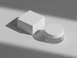 3D rendering of cosmetic glass jar and box with blank labels. Packaging mockup.