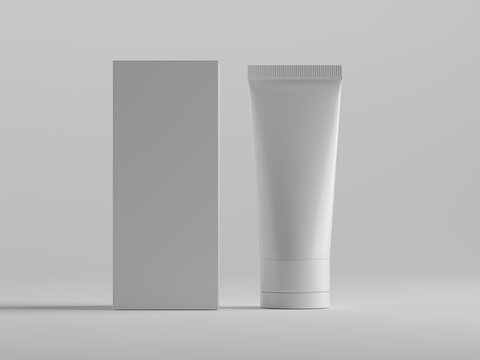 3D rendering of cosmetic tube with box with blank labels. Packaging mockup.