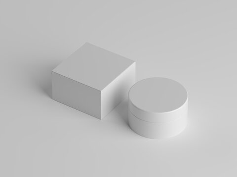 3D rendering of cosmetic jar and box with blank labels. Packaging mockup.