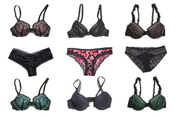 Underwear woman isolated. Collage of luxurious elegant lacy thongs panties and female stylish...