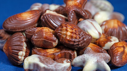 Meeresfrüchte aus Schokolade vor blauem Hintergrund