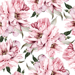 Peony seamless pattern, green leaves. Floral wedding card. watercolor