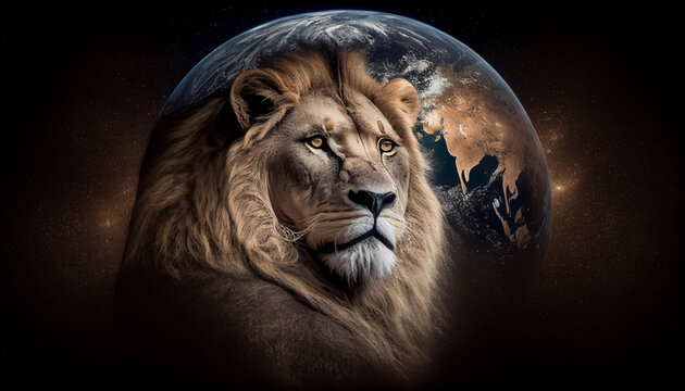 VIDA SILVESTRE. ILUSTRACION DE LEON Y EL PLANETA TIERRA. COLOR. IA GENERATIVA. HORIZONTAL