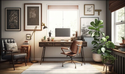  a home office with a desk, chair, and plants.  generative ai