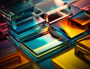 Abstract background of transparent color glass plates. Each plate is a unique shape and hue, creating an ethereal and otherworldly effect. Translucent glass