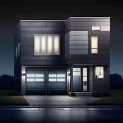  a two story house at night with a street light in front of it.  generative ai