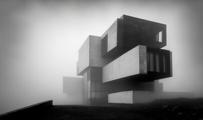  a black and white photo of a building on a foggy day.  generative ai