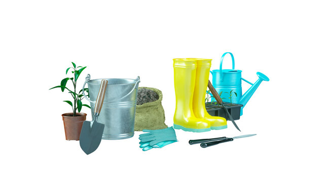 gardening tools and props at sunny day 3d render 