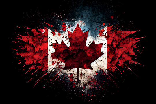 Illustration of the national flag of Canada made of big fireworks explosion. Canada Flag Poster. Generative Ai.