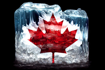 Flag of Canada in the Ice. Ice hockey or cold snowy weather poster concept. Maple Leaf. Generative Ai.