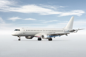 White passenger airliner on the runway isolated on bright background with sky
