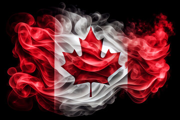 Flag of Canada made of smoke. War or wild fire anstract banner concept. Maple Leaf. Generative Ai.