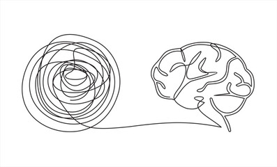 Chaos and brain, abstract minimalist concept vector illustration. Metaphor of disorganized difficult problem mess with single continuous tangle thread in need of unraveling, found solution.