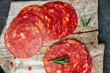 Sliced chorizo salami sausage. spanish tapas, Food recipe background. Close up