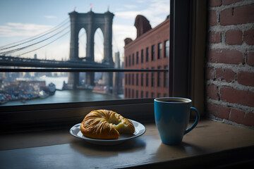 Cup of morning coffee on the windowsill an open window with a croissant bun overlooking brooklyn Manhattan. Travel concept and morning with breakfast at the hotel. Generative AI - obrazy, fototapety, plakaty