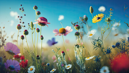 Fototapeta na wymiar Colorful natural flower meadows landscape with blue sky created using generative ai