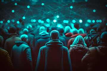 Crowd of people next to each other. The concept of relationships in a society society. Blue electric tint. Generative AI - obrazy, fototapety, plakaty