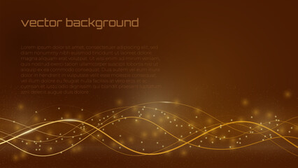 golden wavy lines, bokeh and place for text. abstract background template