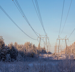 Electric power lines on a winter day.